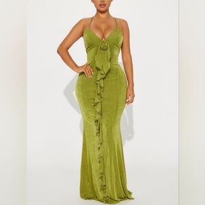 Fashion Nova "Mariella Rose" Chartreuse  Ruffled Tie Front Maxi Dress (Small)
